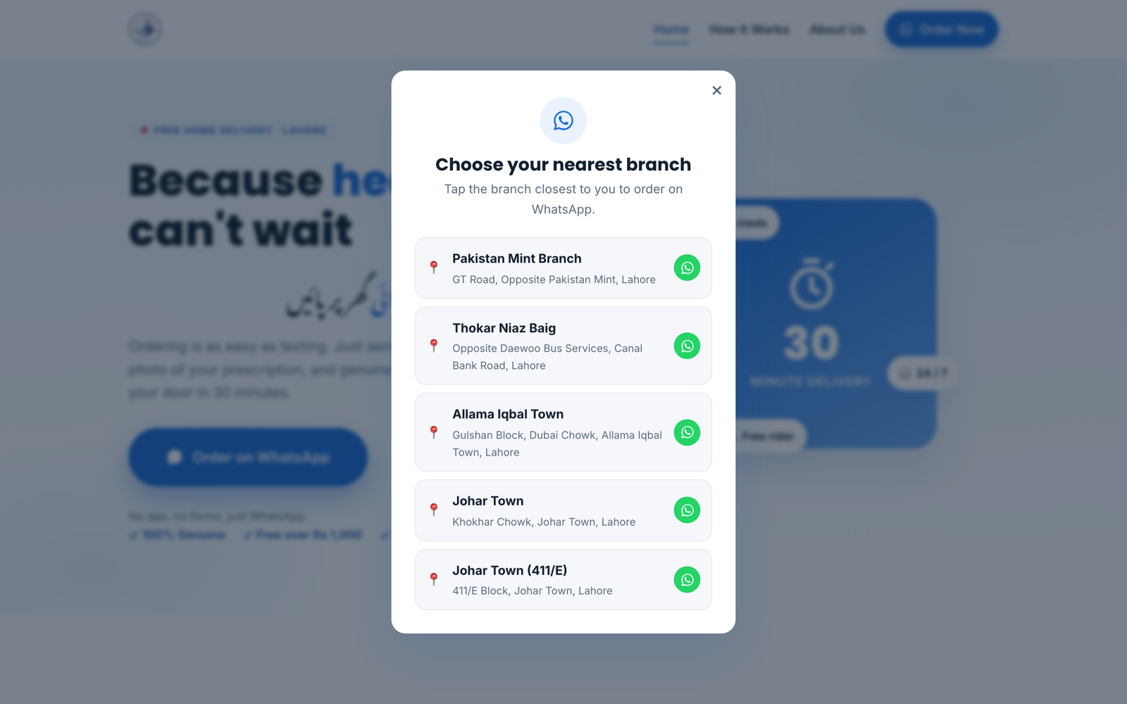 Choose your nearest branch: the WhatsApp branch picker