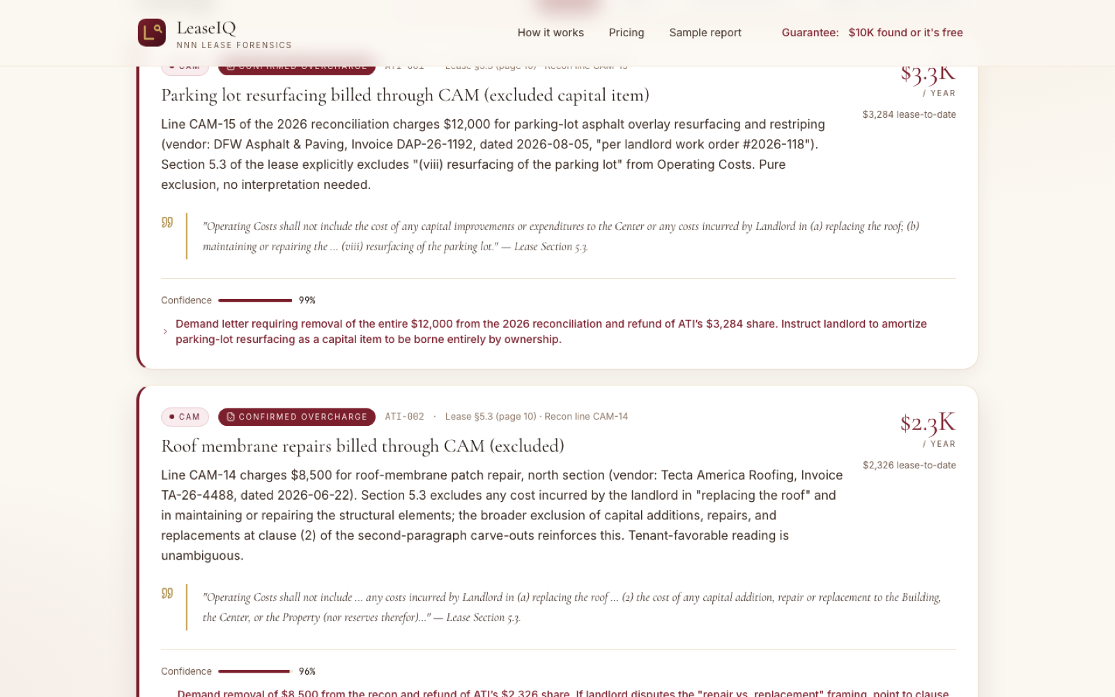 Findings with dollar impact and lease quotes